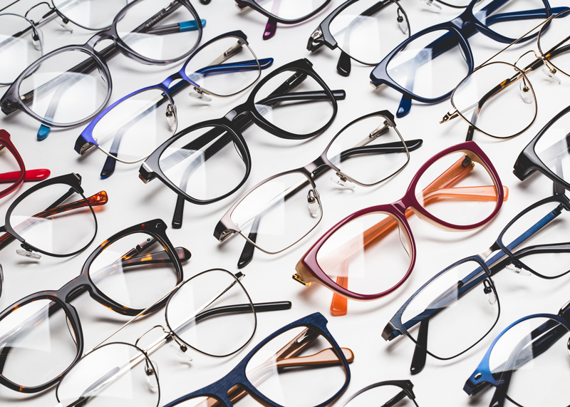 display of various eyeglass frames